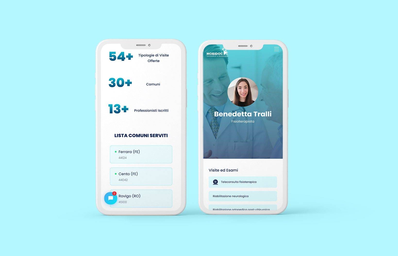 Due smartphone mostrano un'interfaccia di app medica creata da SHM Studio. Lo schermo di sinistra mostra statistiche e sedi dei servizi; lo schermo di destra mostra il profilo di una dottoressa di nome Benedetta Tralli, una fisioterapista.