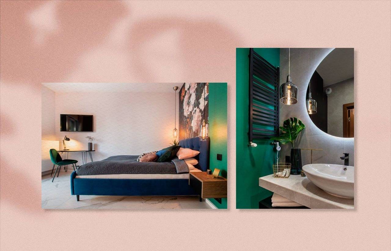 Un'immagine divisa di SHM Studio mostra una camera da letto moderna con un letto grande e una TV a parete sulla sinistra, mentre sulla destra è presente un bagno minimalista con uno specchio rotondo e un lavandino. Perfetta ispirazione di design da un'innovativa agenzia di marketing e comunicazione.
