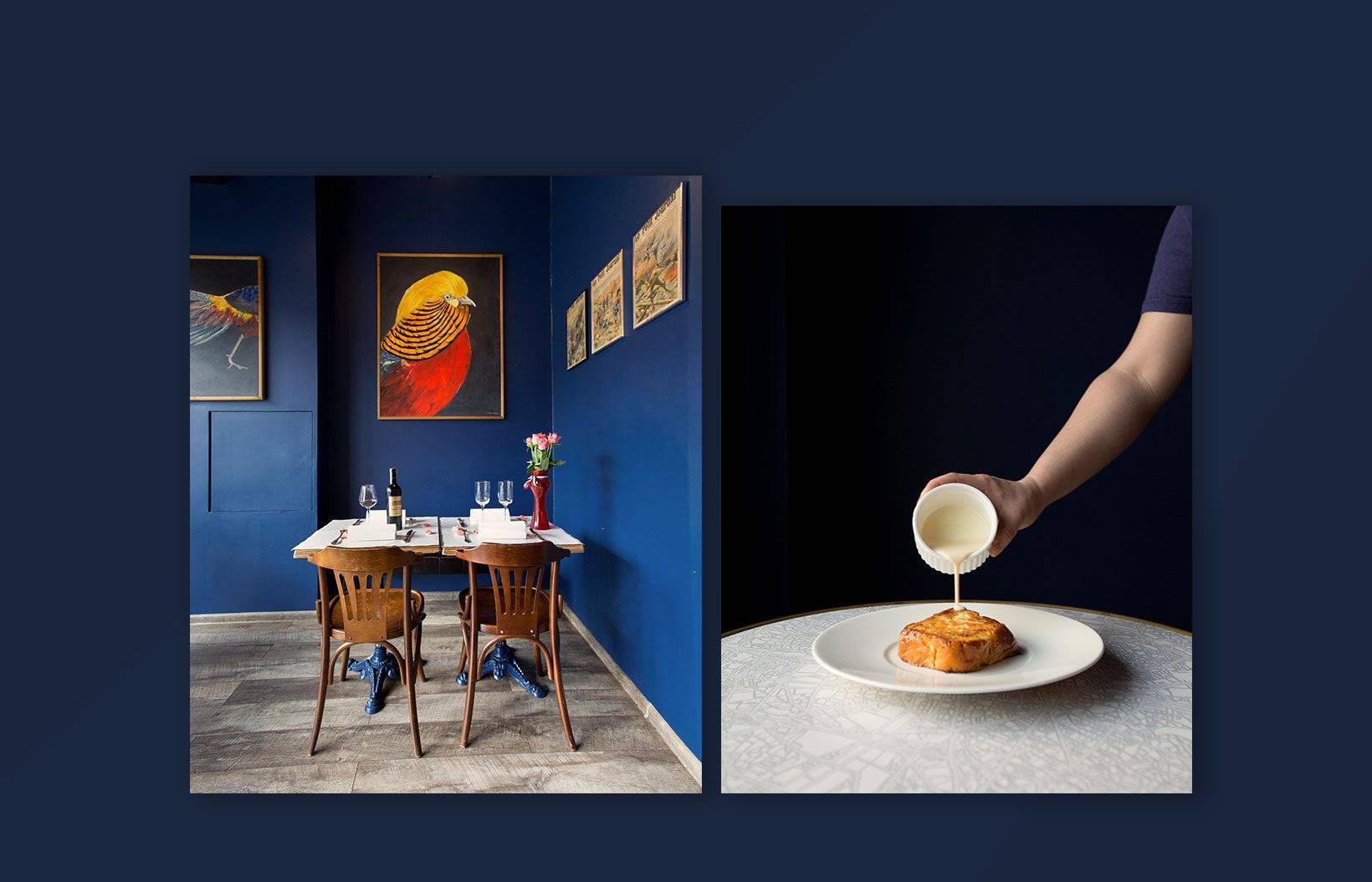 A sinistra: un tavolo da pranzo apparecchiato per due, con opere d'arte sulla parete blu che riflettono il fascino di Milano. A destra: una mano che versa la salsa su un dolce su un piatto, meticolosa come un'agenzia web che crea la perfetta presenza online.