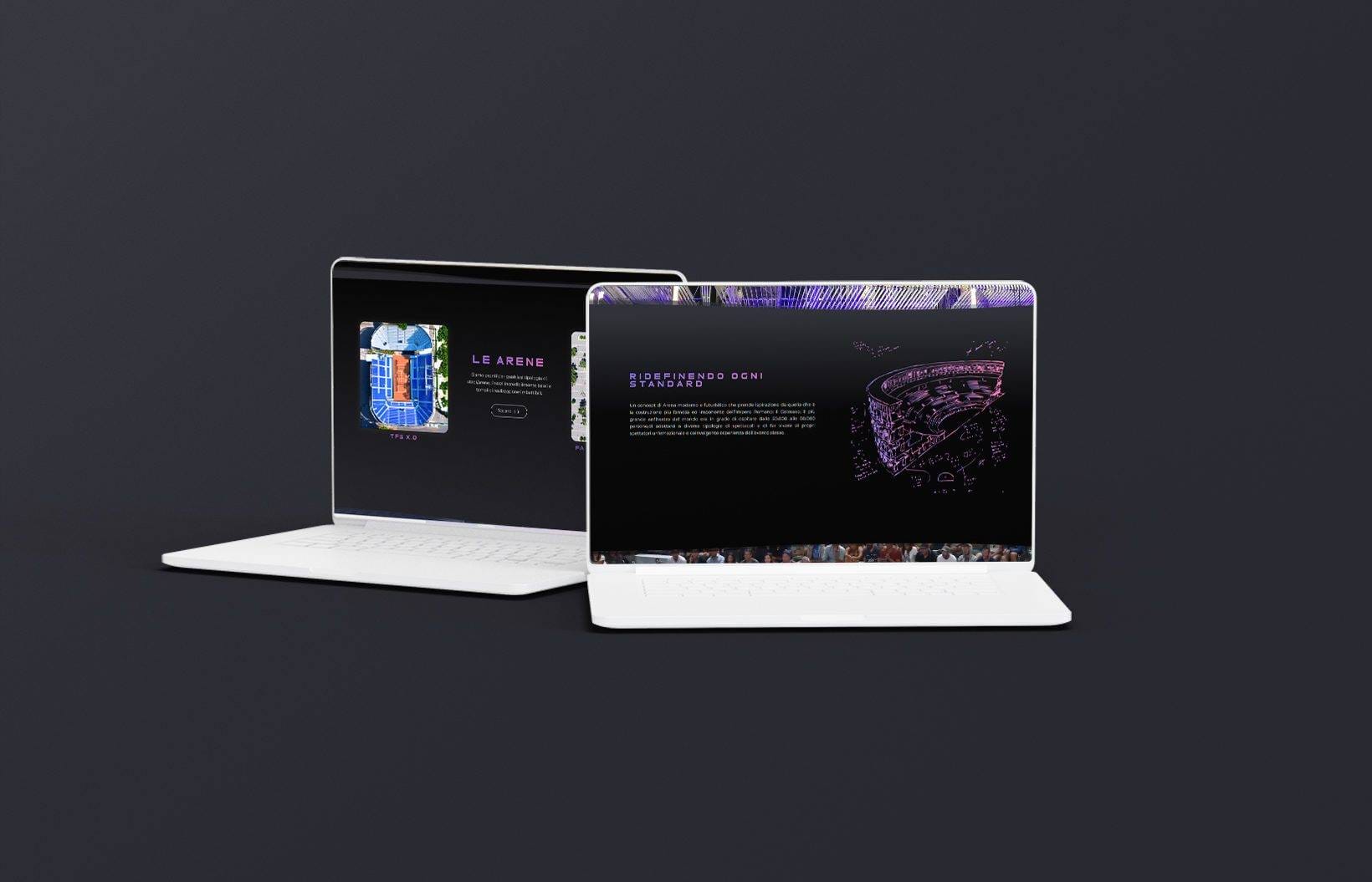 Due laptop bianchi che mostrano progetti architettonici sui loro schermi, su uno sfondo scuro. La sofisticata configurazione allude sottilmente alla bravura dello studio SHM come agenzia web, che unisce senza sforzo design e tecnologia.