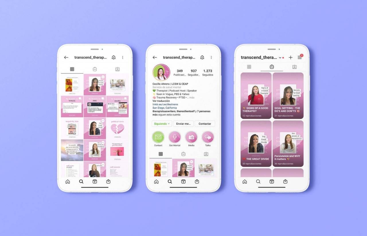 Tre schermi di smartphone mostrano un profilo Instagram e i suoi post, con un mix di immagini, illustrazioni e testo relativi alla salute mentale e alla terapia. Lo sfondo è viola chiaro, evidenziando il design elegante spesso visto nei progetti di una Web Agency di alto livello come la web agency SHM.