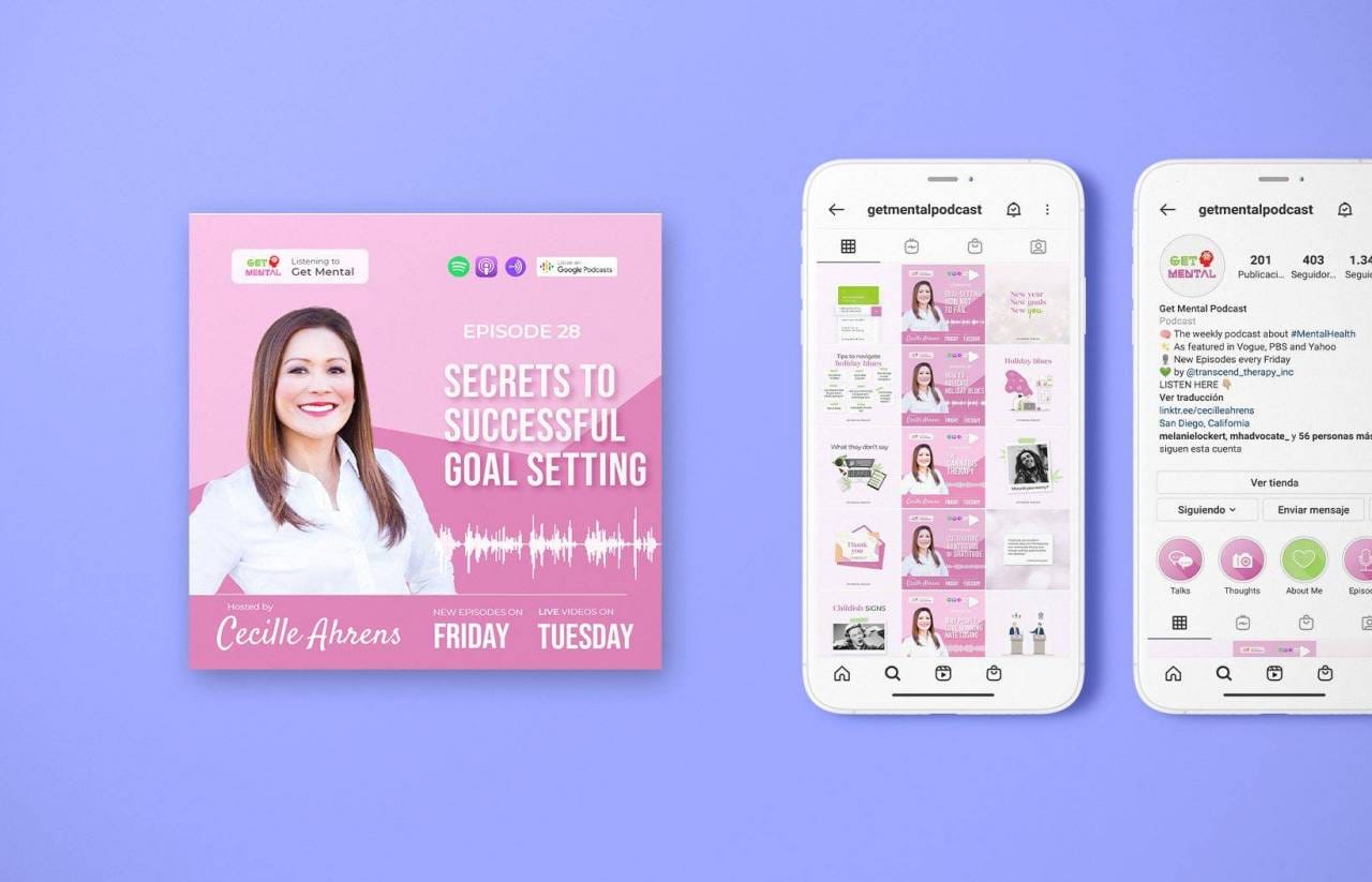 Immagine di una promozione di podcast con una donna sorridente sulla sinistra, intitolata "Secrets to Successful Goal Setting". Due schermi di smartphone sulla destra mostrano un profilo Instagram e post correlati al podcast. Sponsorizzato da SHM Studio, la tua Web Agency di riferimento a Milano per posizionare un sito web in modo efficace.