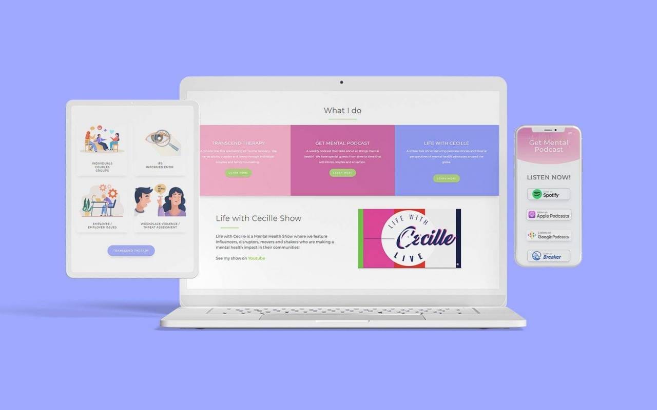 Un tablet, un laptop e uno smartphone mostrano una varietà di design colorati e informazioni su "Life with Cecille Show" e podcast correlati. Lo sfondo è di un colore viola pieno, che mette in mostra la competenza creativa di SHM Studio.