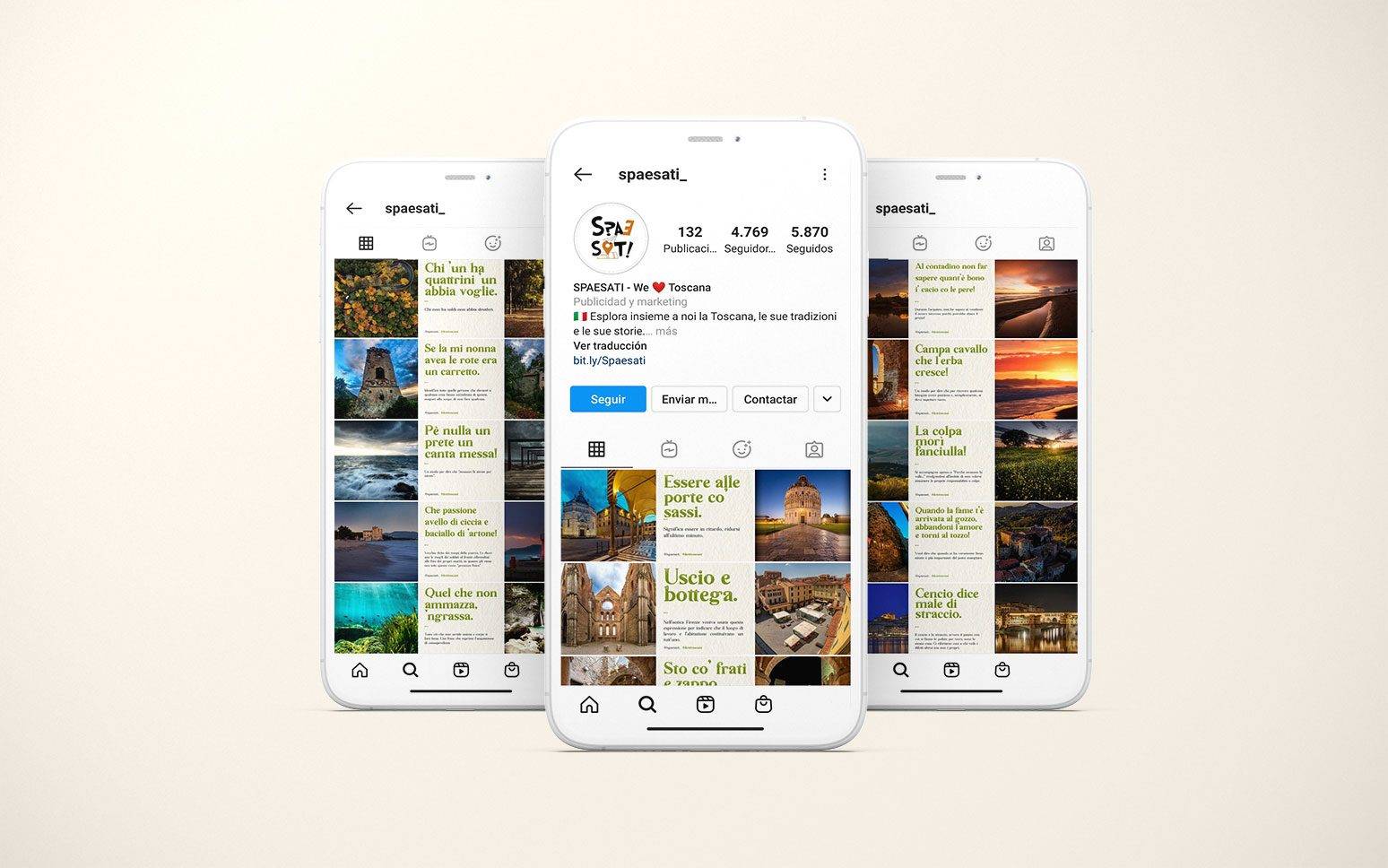 Three smartphones display an Instagram page with the username "speaesiti_" that features various panoramic images, quotes and travel content, offered by the SHM web agency.