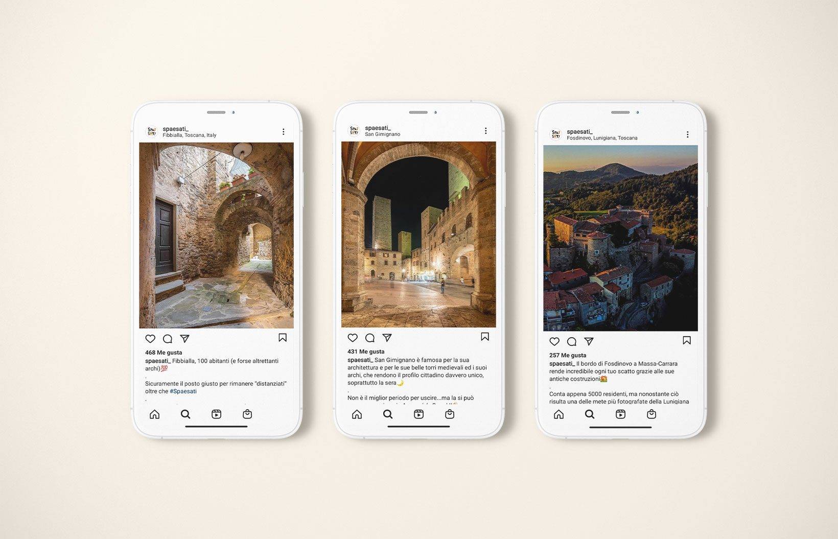 Three smartphones showing Instagram posts with picturesque scenes from Italy, including a charming cobblestone street, an ancient archway at night, and a panoramic view of a hillside village. Such stunning images can be enhanced with the expertise of a marketing and communications agency.