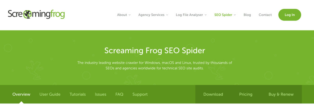 Screenshot of the homepage of the Screaming Frog website, showing the SEO Spider tool. The website header includes links to SHM Studio agency services, a blog, and options for access and download.