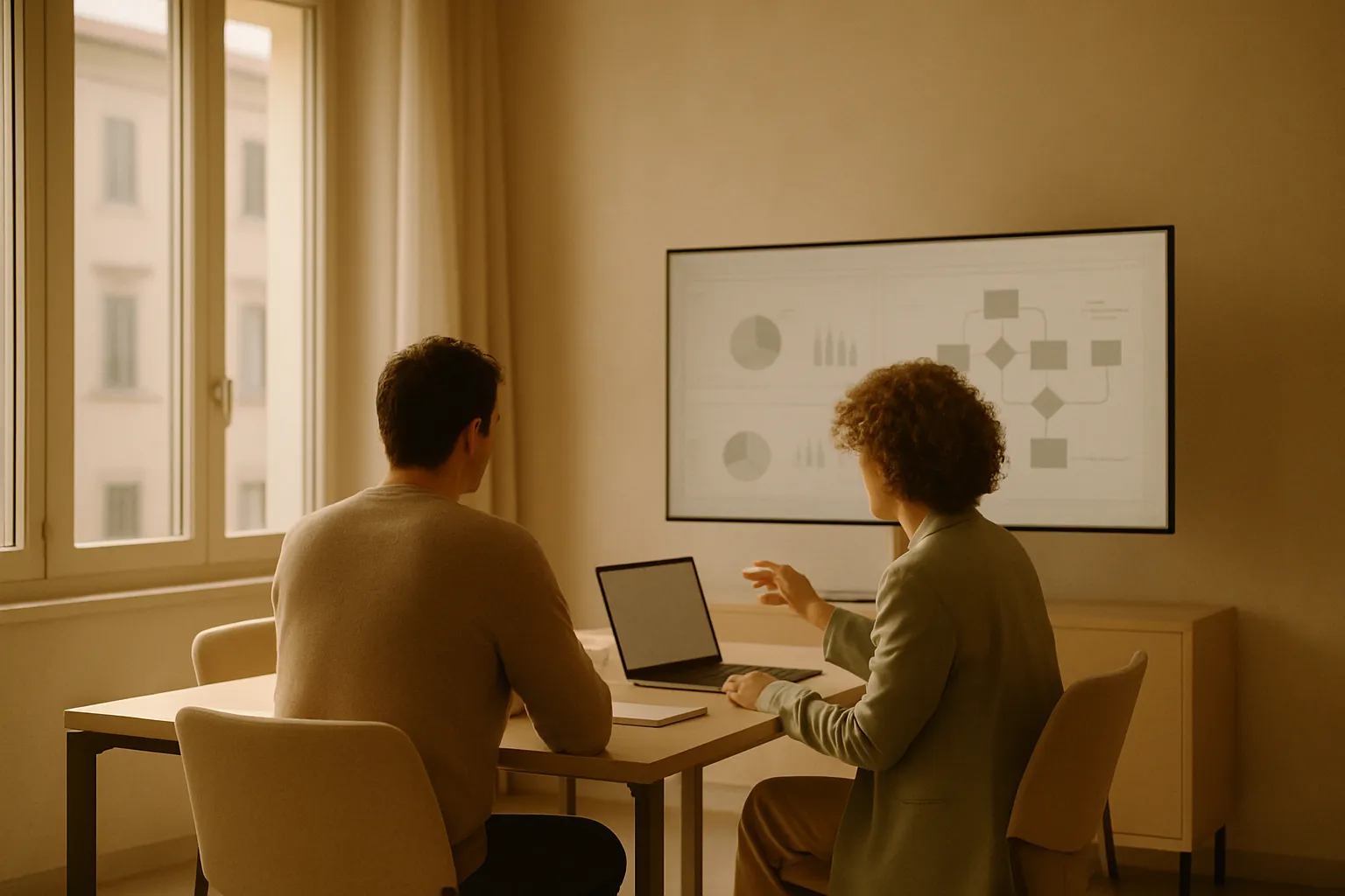 Italian company team analyzes AI data on a meeting room monitor, artificial intelligence adoption in Italian SMEs