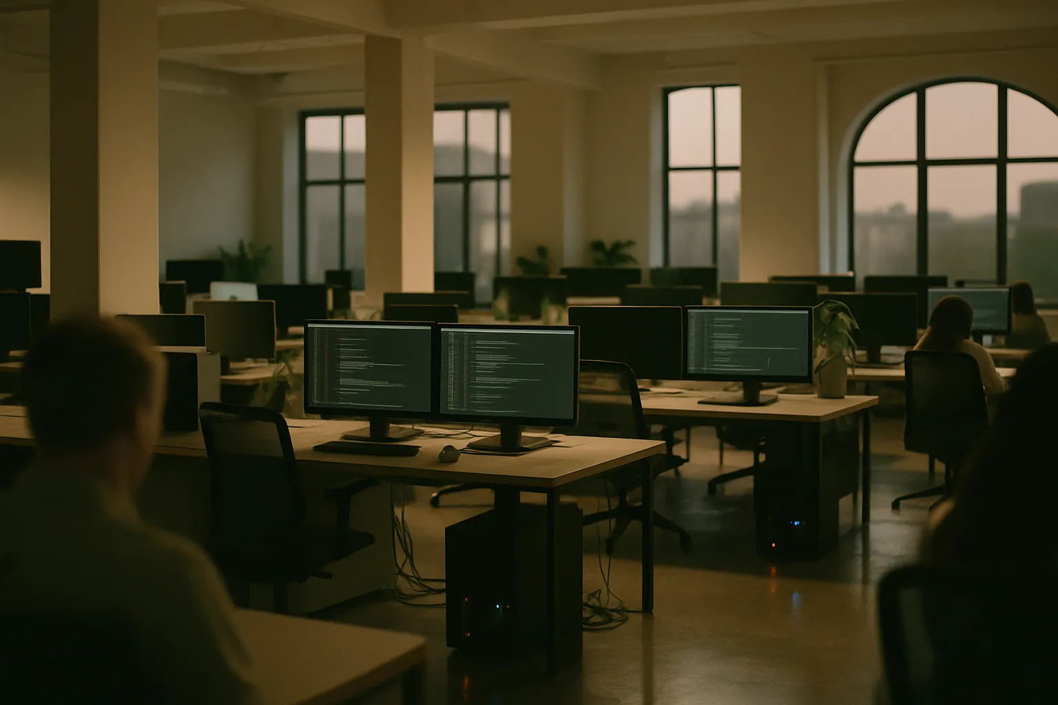 Empty office at night with monitors on showing dashboards of autonomous AI agents at work unsupervised