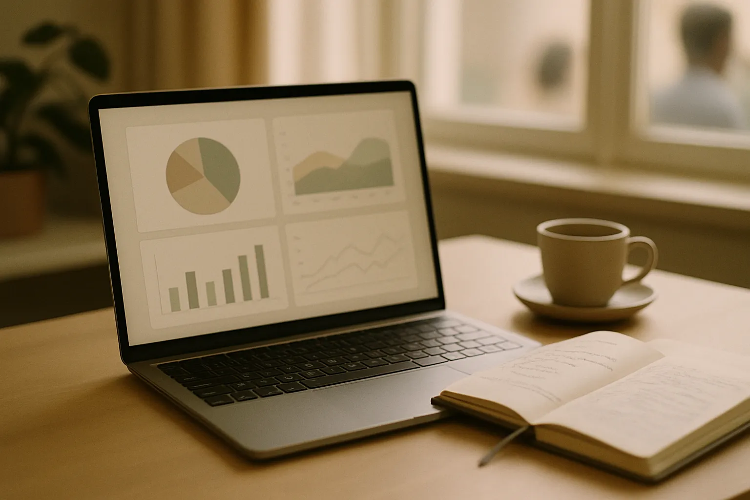 Desk with laptop and marketing campaign dashboards managed by AI agents, notebook with strategic notes, natural light