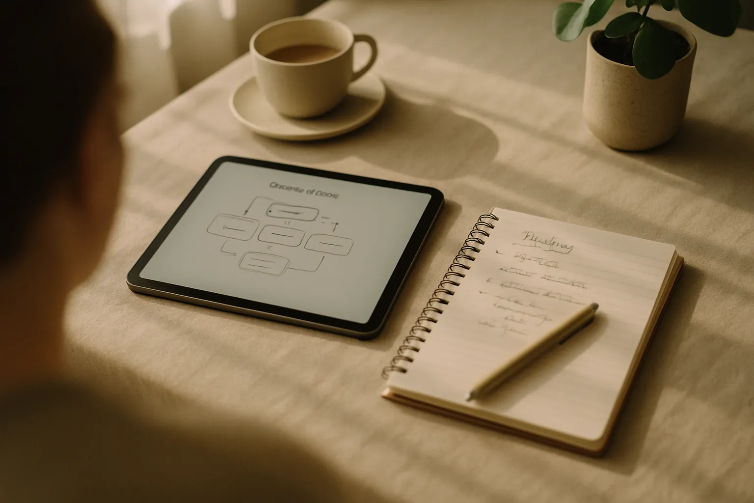Schema di checkout e strategia per agenti AI consumer su tablet e taccuino, vista dall'alto su scrivania moderna