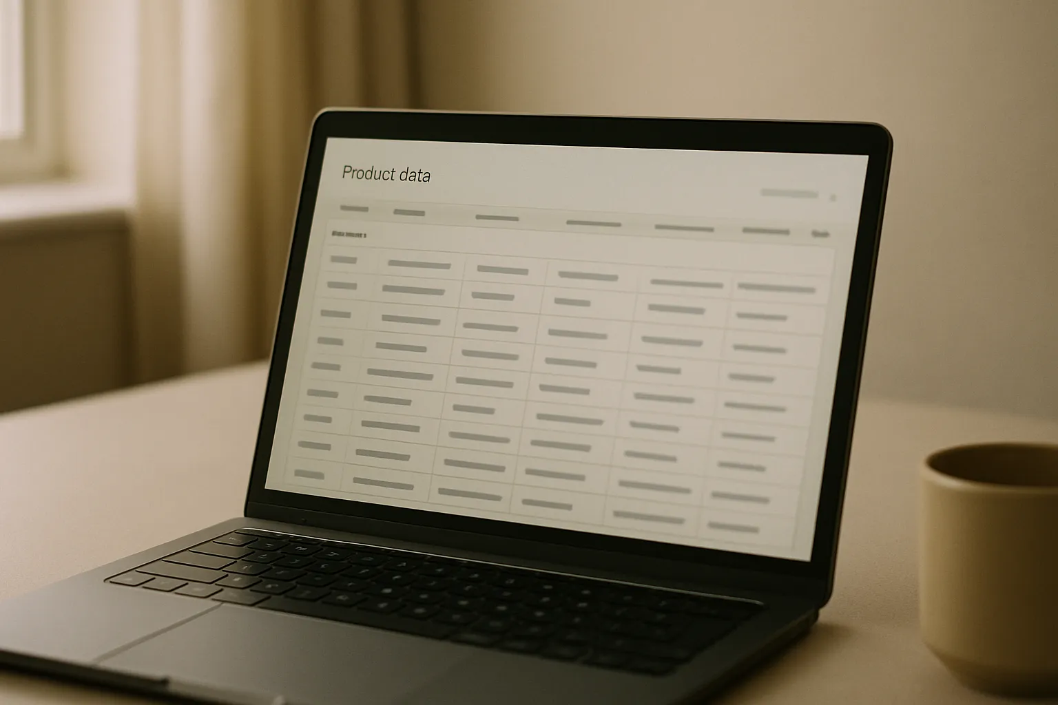Dashboard con dati di prodotto strutturati per agenti AI nel customer journey, schermo laptop su scrivania d'ufficio
