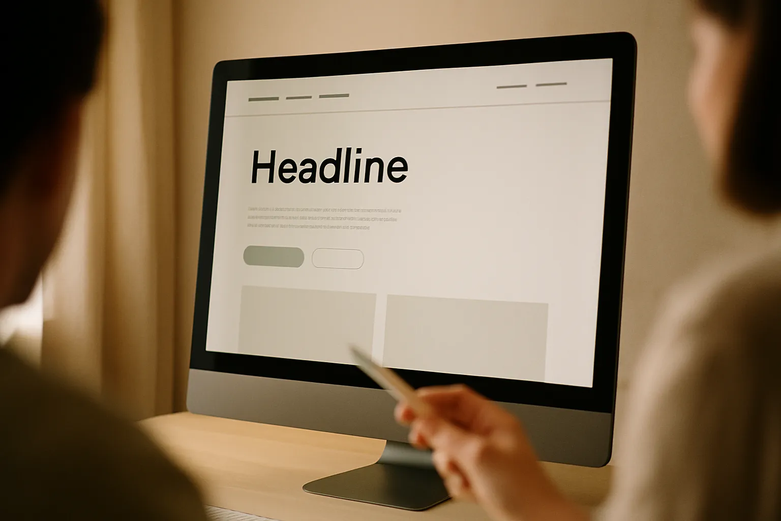 Monitor displaying a website mockup designed by a graphic agency, with bold typography and a minimalist color palette