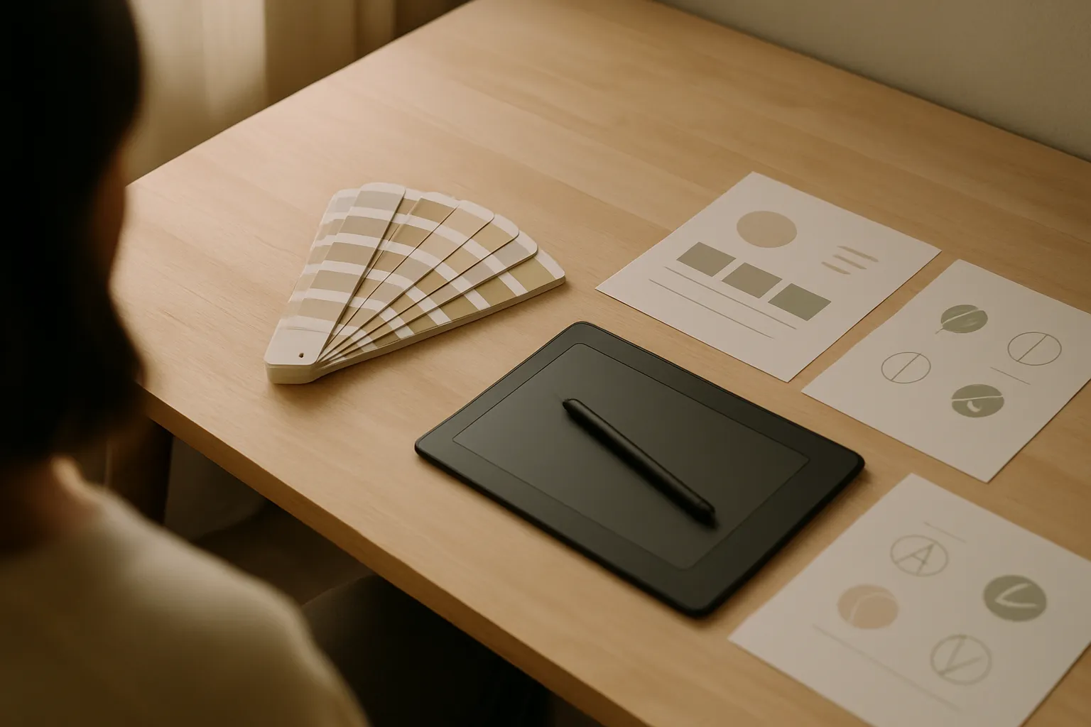 Graphic agency workstation with Pantone color swatches, graphic tablet, and printed brand identity sheets
