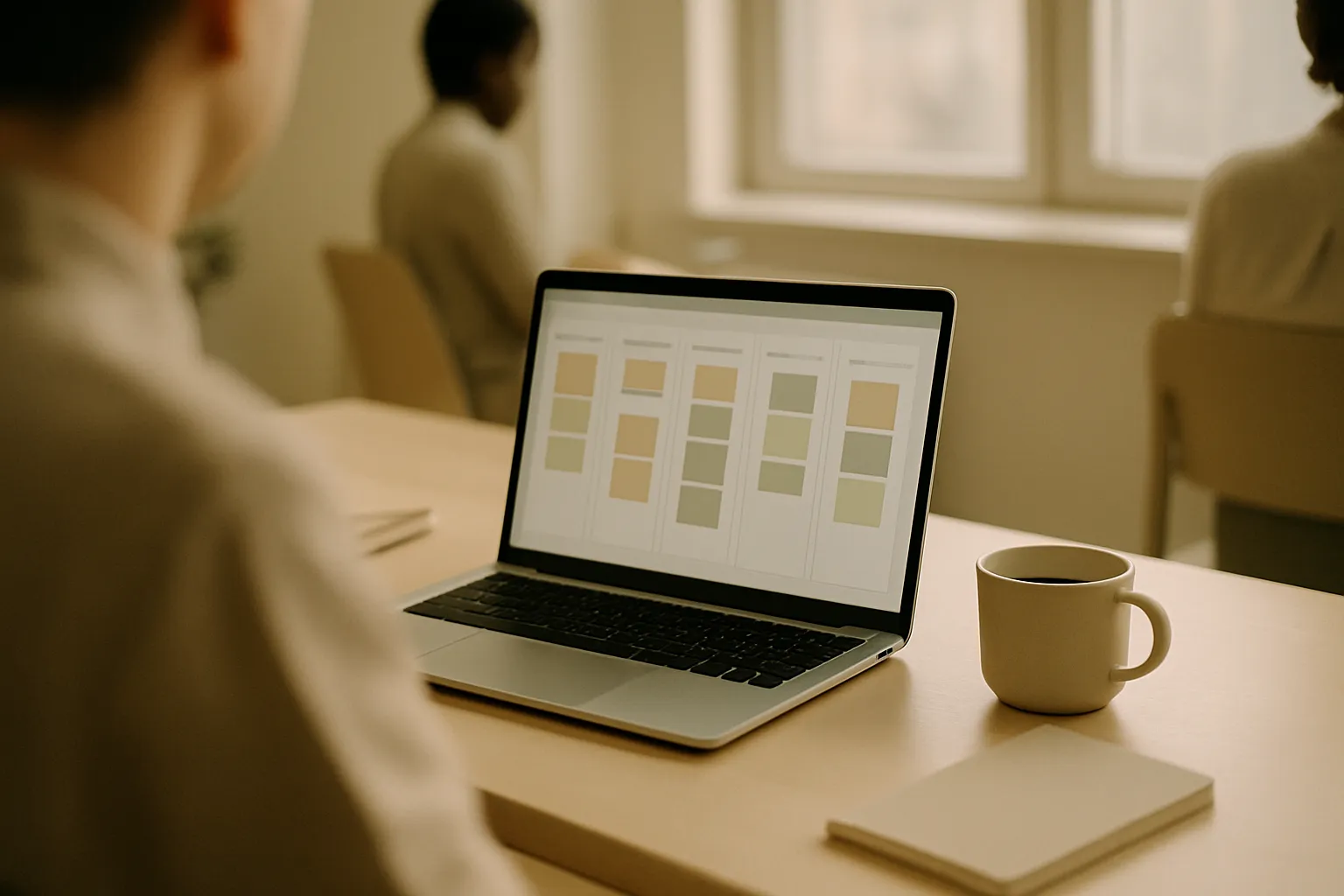 Desk with laptop open on Jira project management dashboard, colorful sticky notes with tasks, AI process automation integration