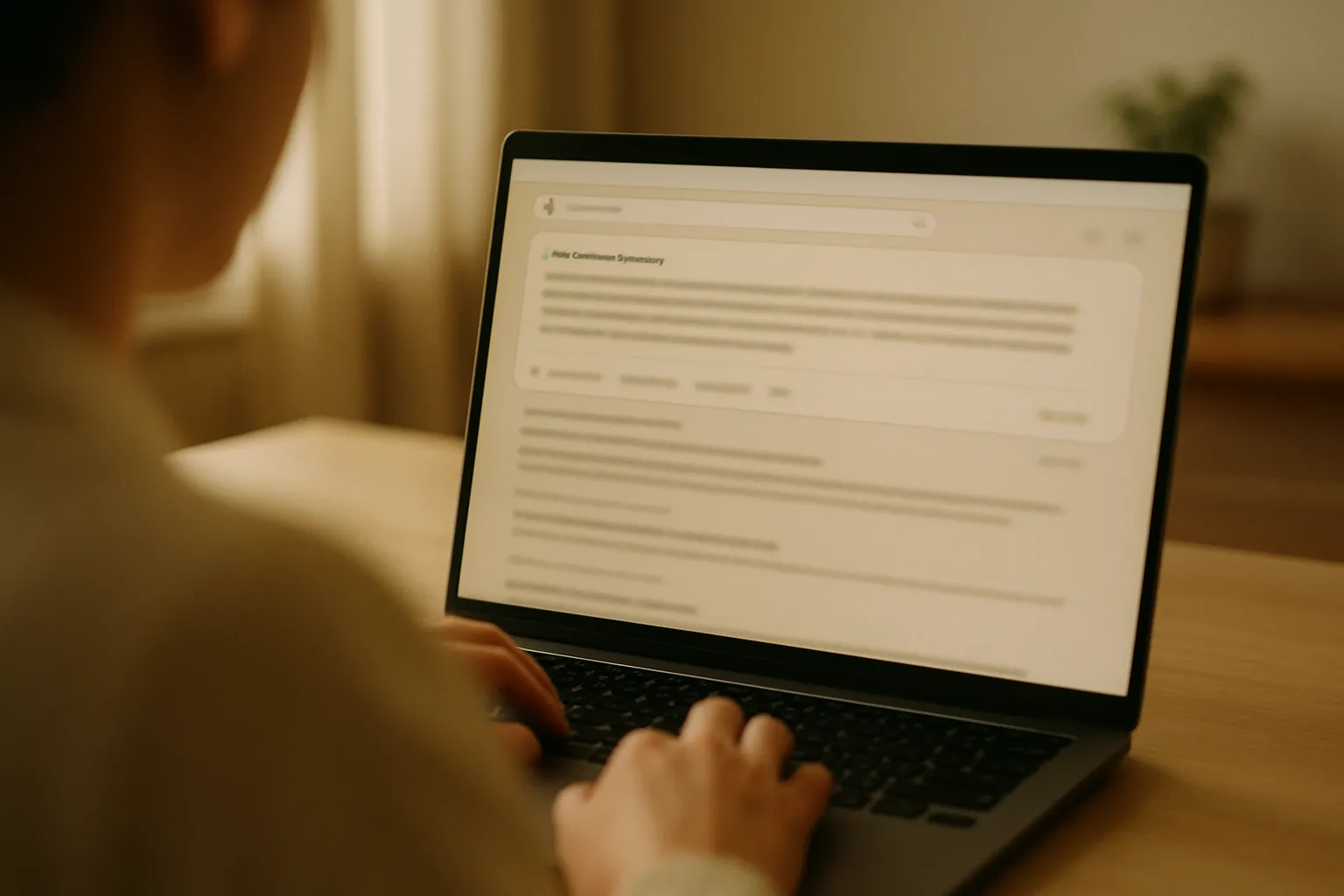 Google screen with AI Overview active on a brand search, blurred hands on keyboard — AI Overviews visibility for businesses