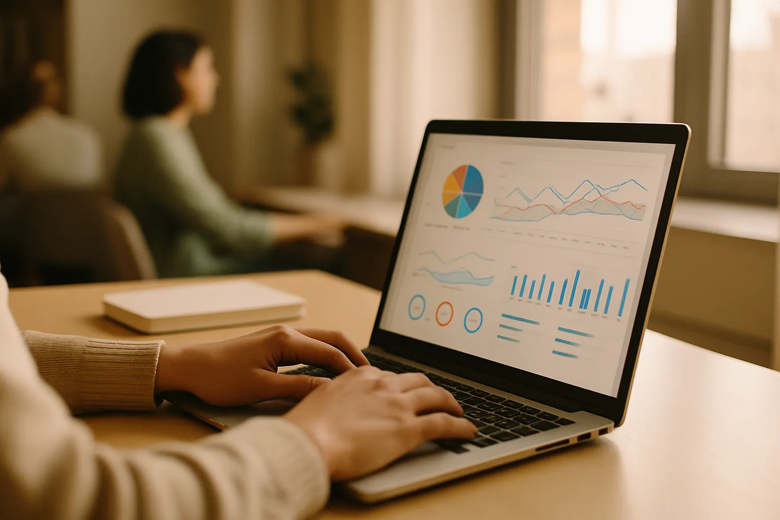 Hands typing on a laptop with a Facebook analytics dashboard and Meta campaign targeting charts on the screen