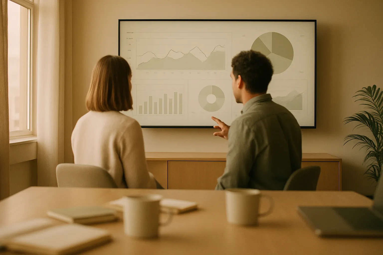 Corporate team analyzes AI visibility data on LinkedIn in a meeting room, B2B strategy for citations in AI search engines