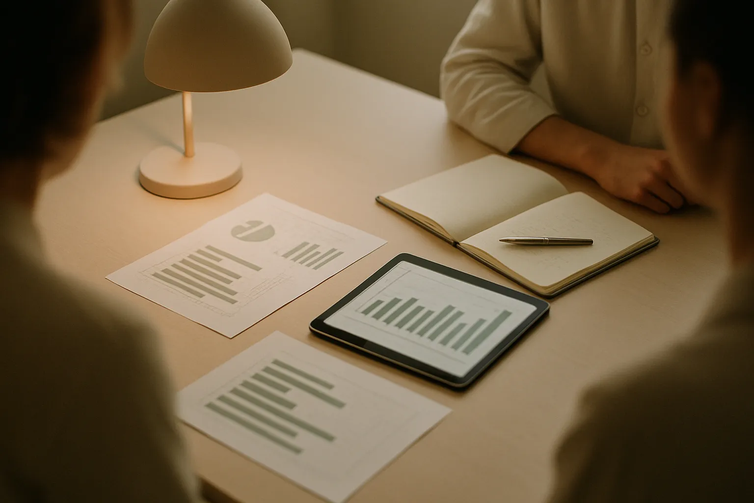 Desk with marketing automation reports, charts on a tablet and notes: data analysis for AI migration in an Italian company