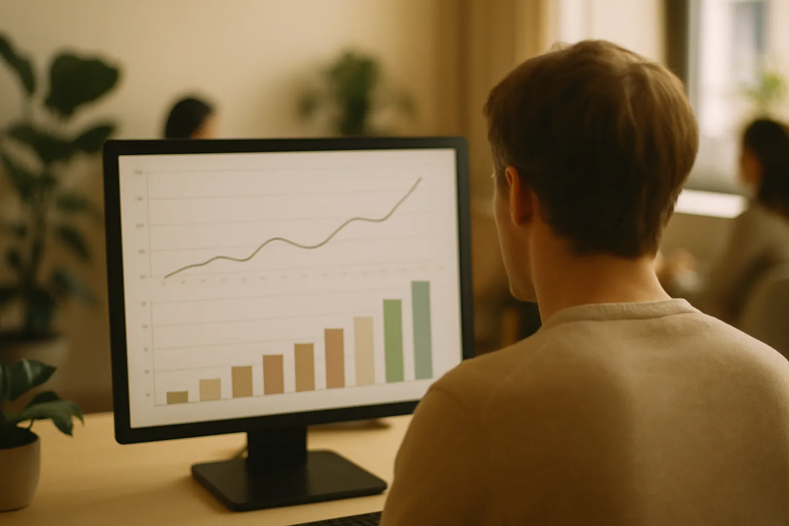 Professionista che analizza grafici di lead generation e automazione marketing su monitor in ufficio moderno