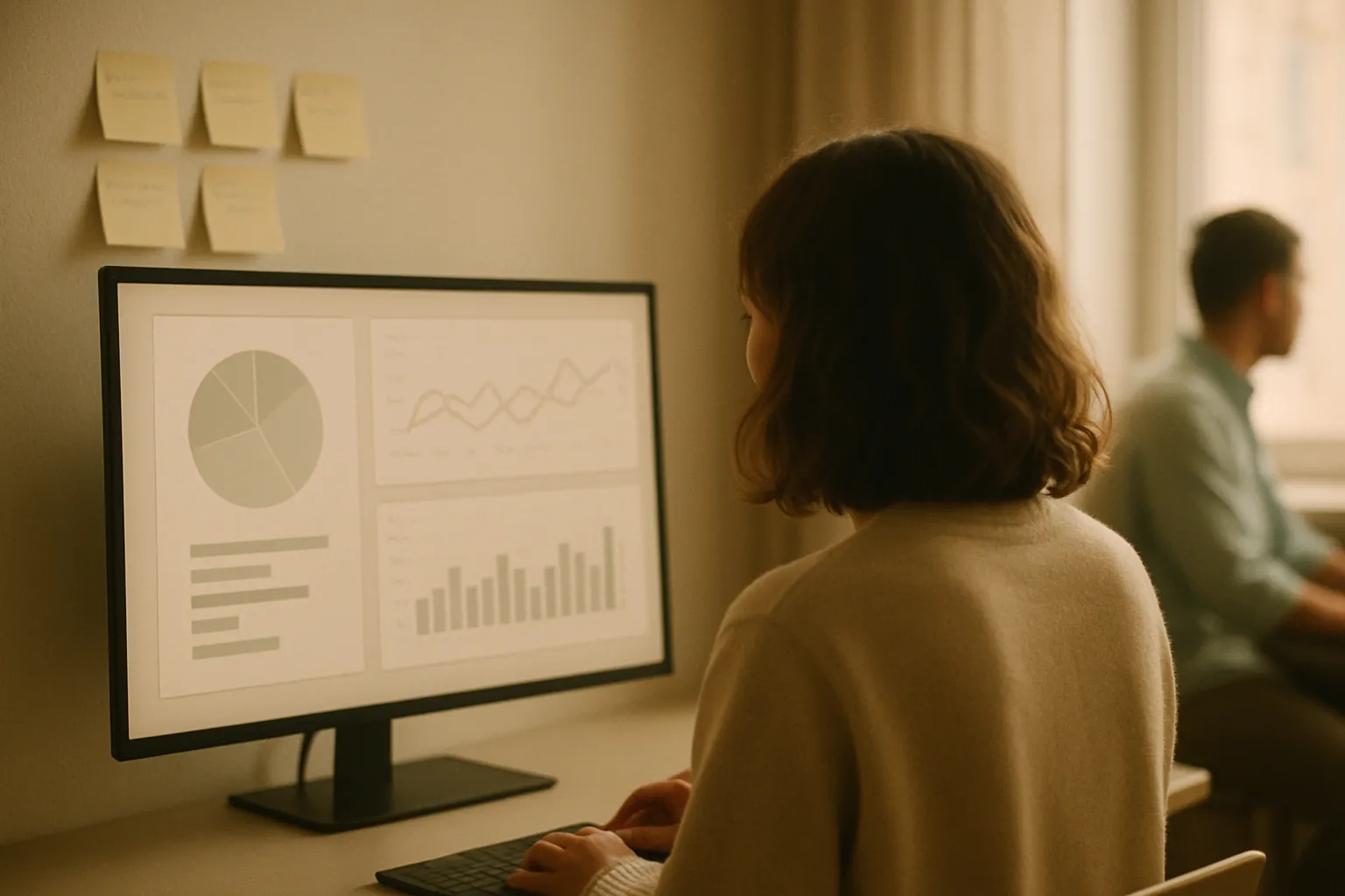 Marketing manager analyzing B2B LinkedIn campaign results on a monitor with visible lead generation metrics
