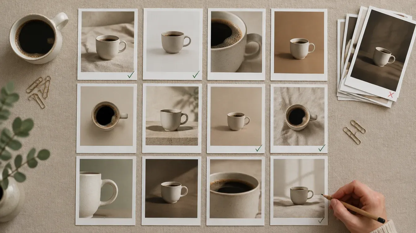 Printed variants of the same product on a table: some approved with a green checkmark, others discarded