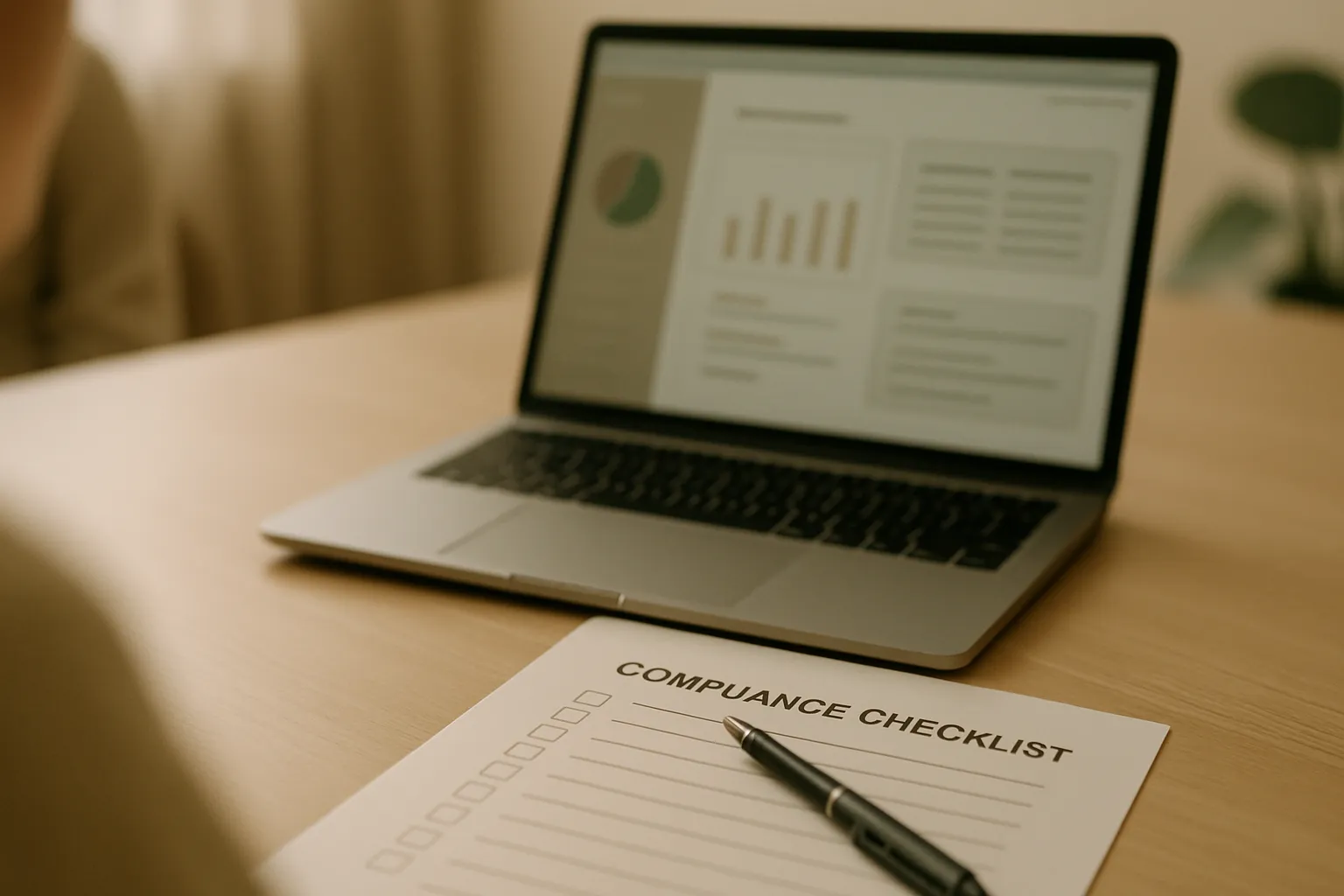 GDPR compliance checklist for telemarketing campaigns on an office desk, with a laptop and data dashboard in the background