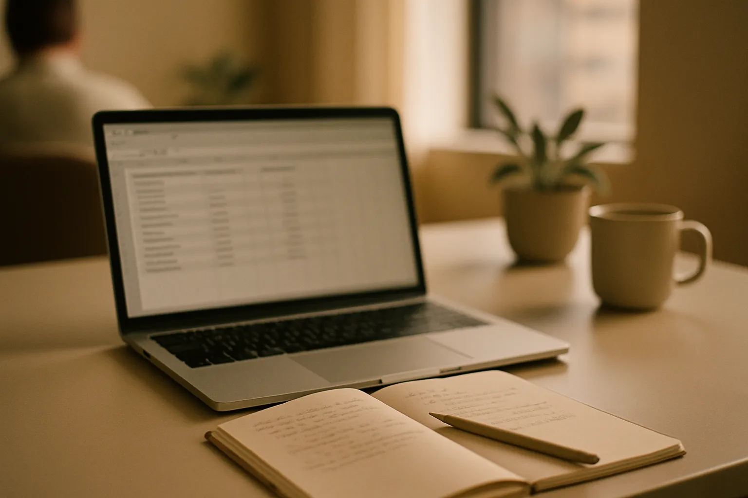 Desk with laptop open to an Excel sheet and paper notes: analyzing Microsoft Copilot outputs with MAI models