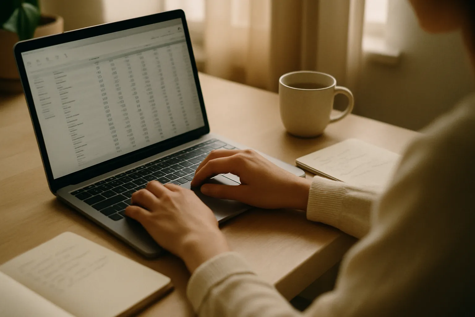 SEO professional analyzing audit data on a laptop with paper notes: AI integration and human control in the SEO process