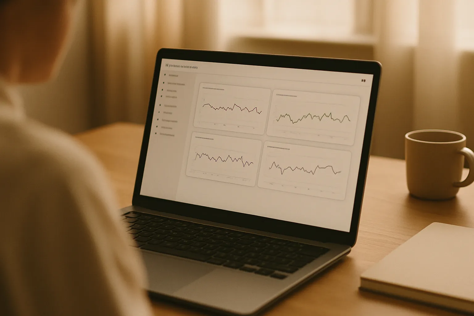 Google Search Console screen with ranking charts on a laptop in an office, SEO audit before the major Google update