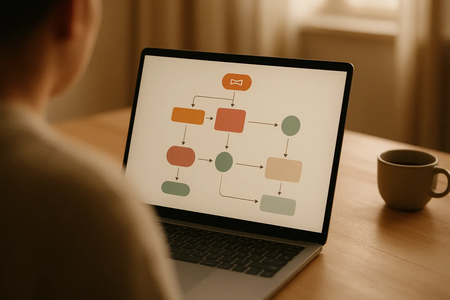 Schermata di un workflow di automazione marketing con nodi connessi su laptop, strategia di lead generation per PMI italiane