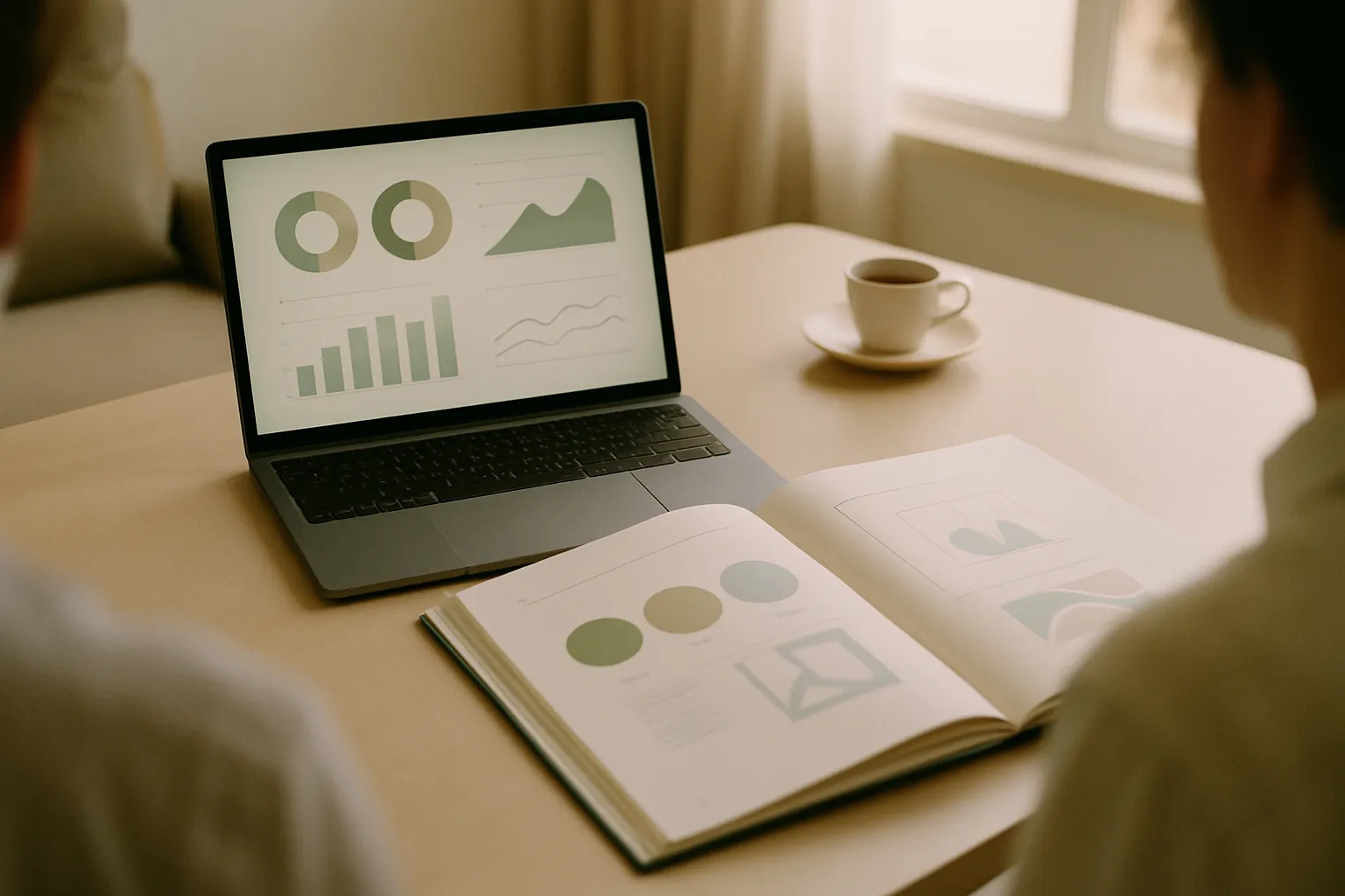 Guide to brand positioning in the AI era on an Italian office desk with a laptop and an open brand style guide