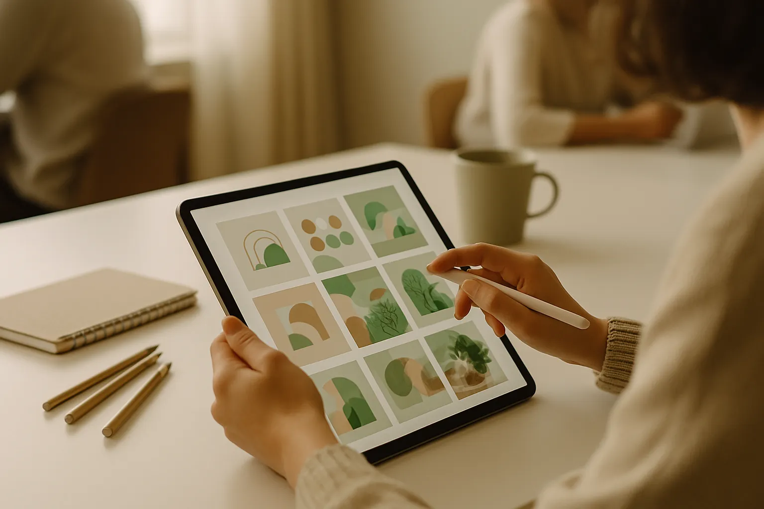 Hands working on brand identity mockups and AI-generated visual content on a tablet, visual brand positioning