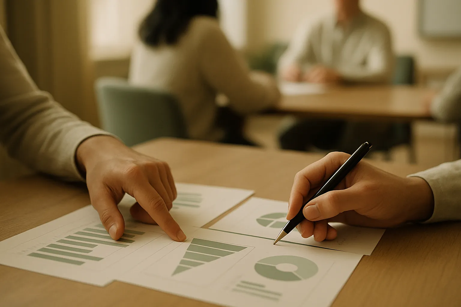 Hands analyzing B2B LinkedIn Ads performance charts during a marketing meeting