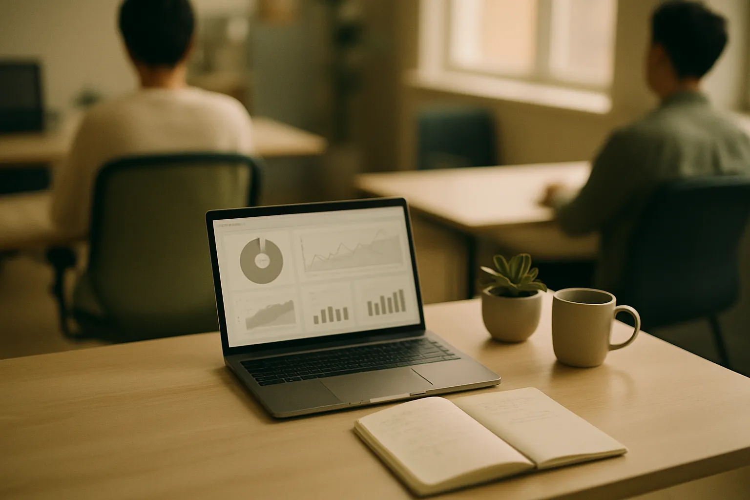 Desk with laptop open to a B2B LinkedIn Ads campaign dashboard and marketing strategy notes