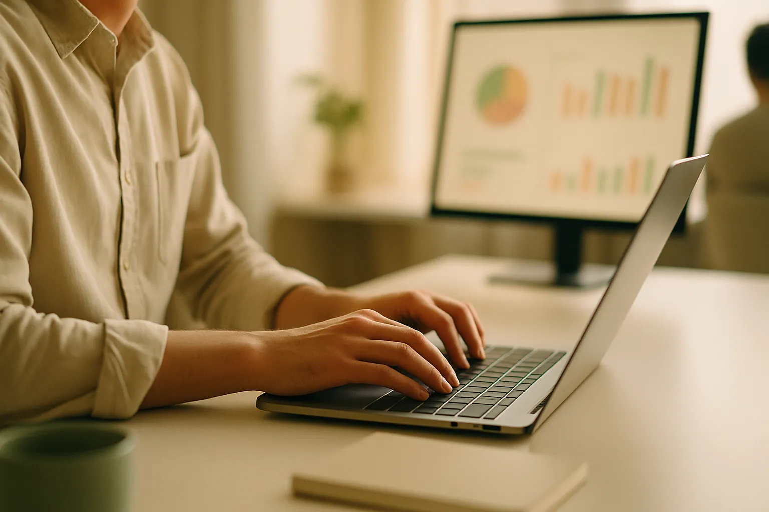 Hands managing B2B LinkedIn campaigns on a laptop with performance dashboards in the background, in a modern office