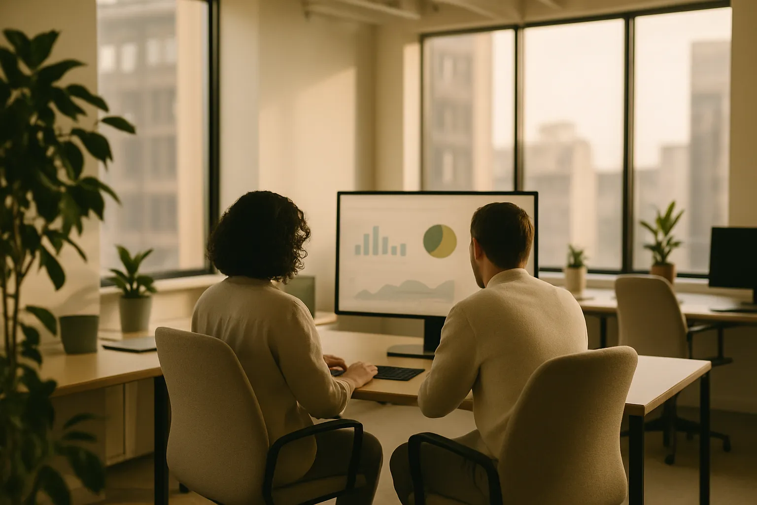 Two professionals from behind analyzing AI visibility charts on a monitor in a modern office with natural light
