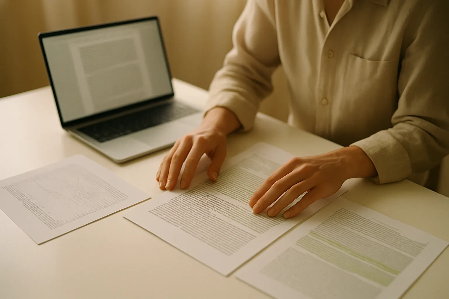 Hands organizing original research documents on a desk, symbolizing visibility on ChatGPT with primary sources