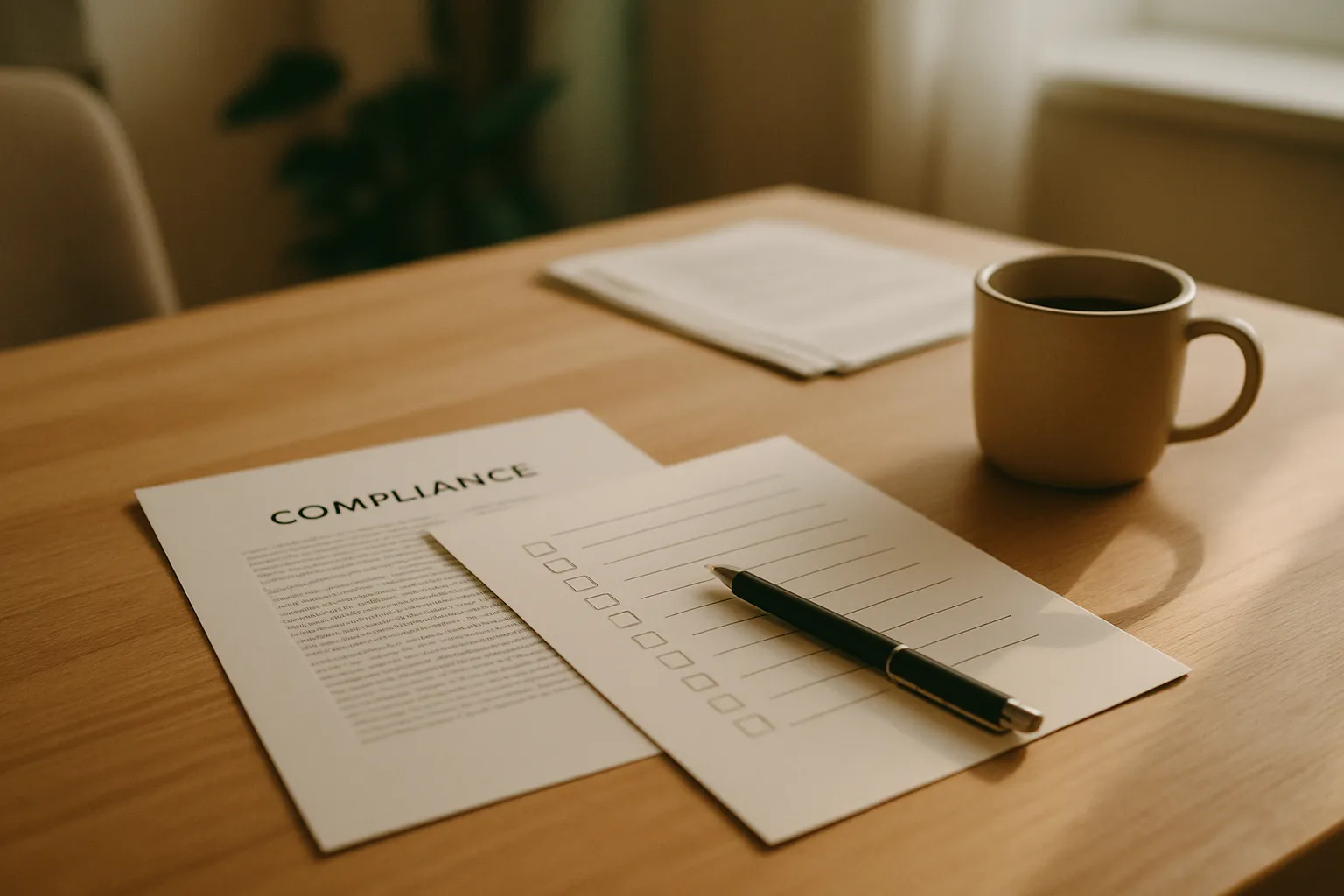 Compliance documents and checklists for ads campaigns in regulated sectors like finance and healthcare, on a wooden desk