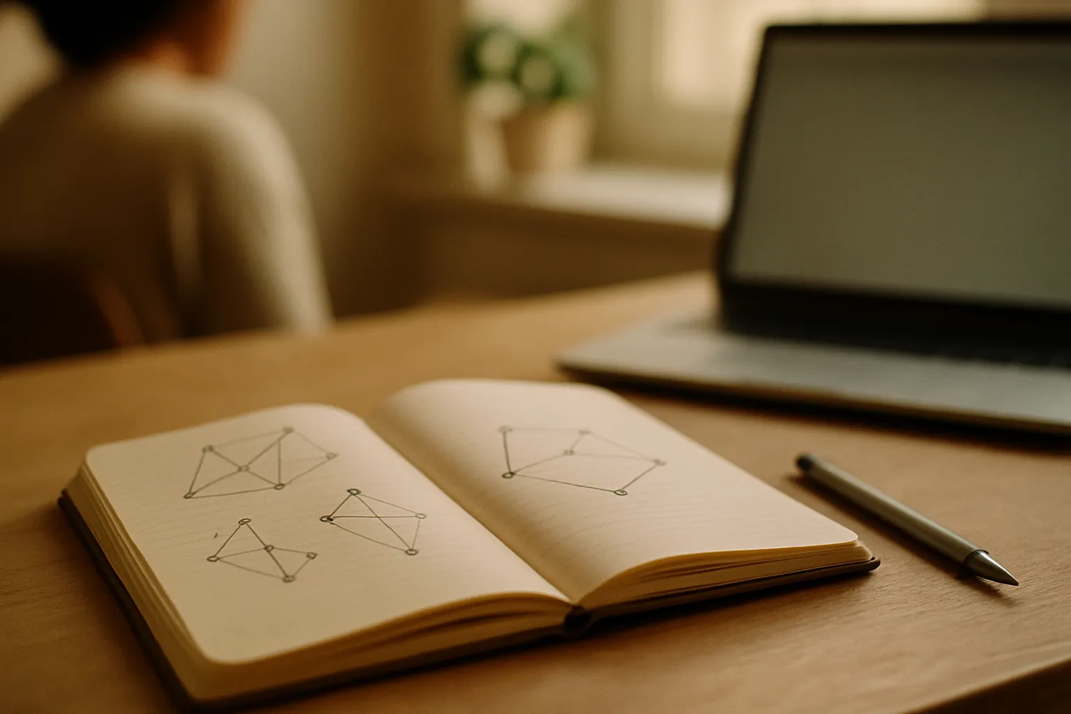 Notebook with geometric diagrams and unit distance graphs on a desk, symbol of AI applied to mathematics and SMEs