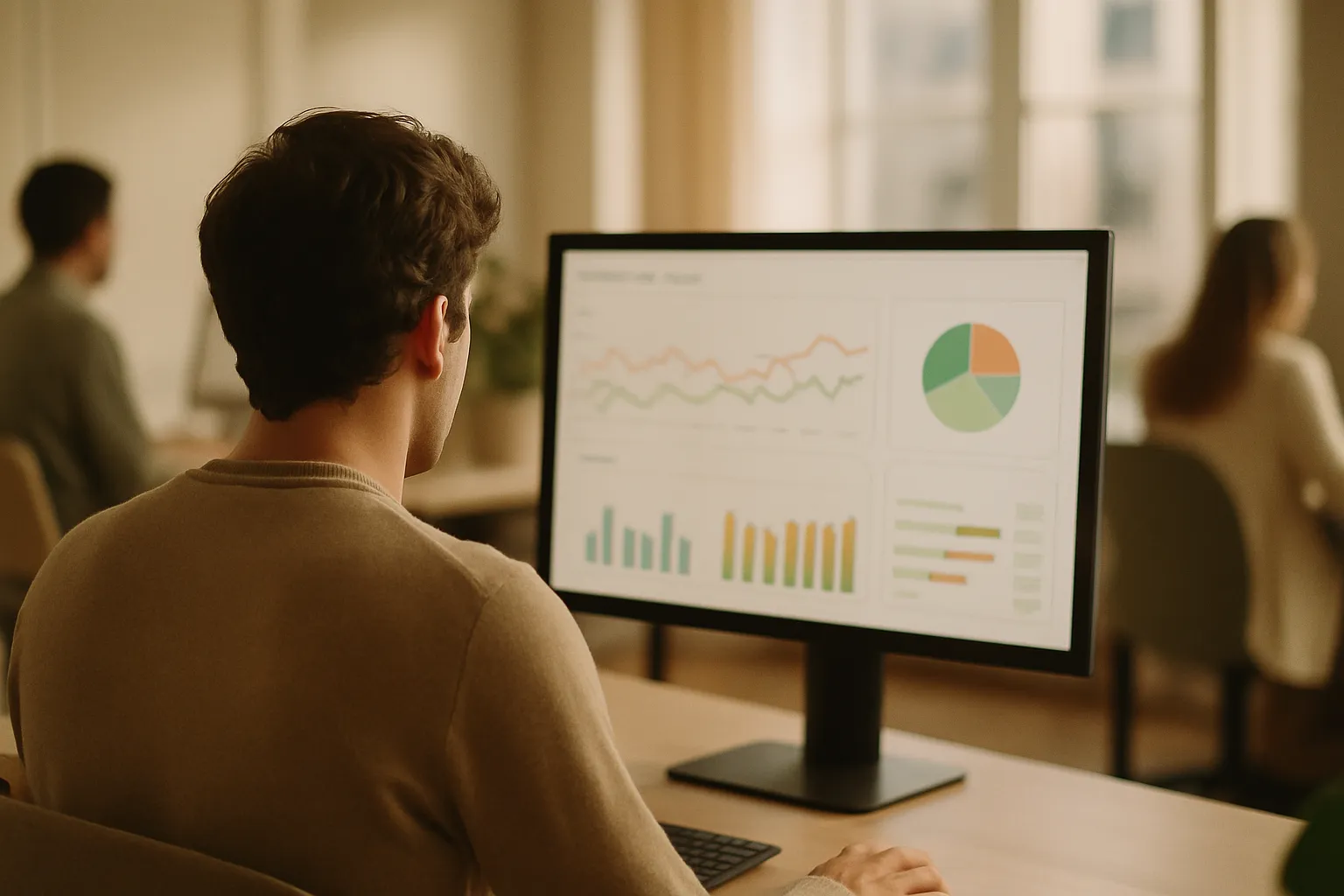 Professional analyzing social communication metrics on a monitor with colorful charts in a modern office
