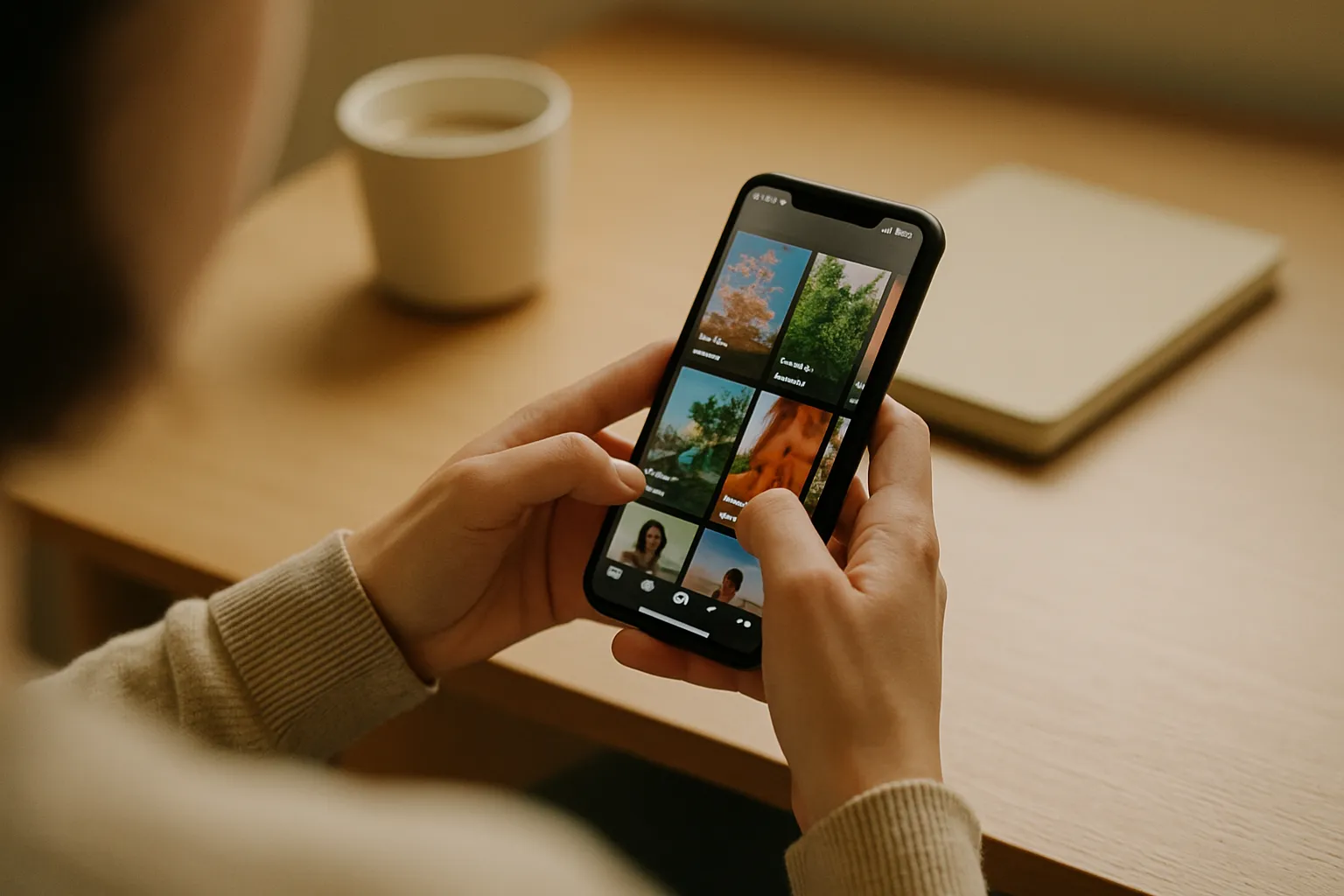 Hands holding a smartphone showing a social feed of short videos, social communication strategy for Italian businesses