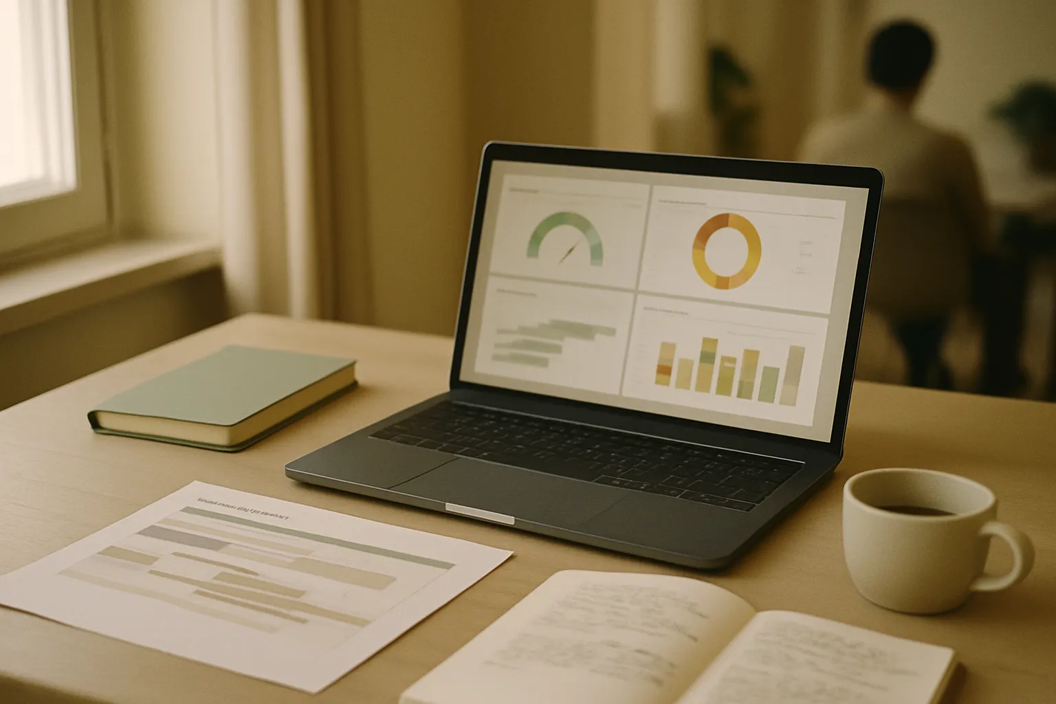 Desk with a laptop open to a strategic digital consulting dashboard, printed roadmap, and notes in a notebook