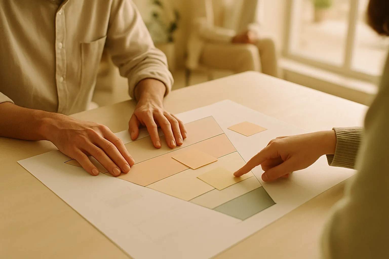 Hands working on a funnel diagram for strategic digital consulting with colored sticky notes on a meeting table