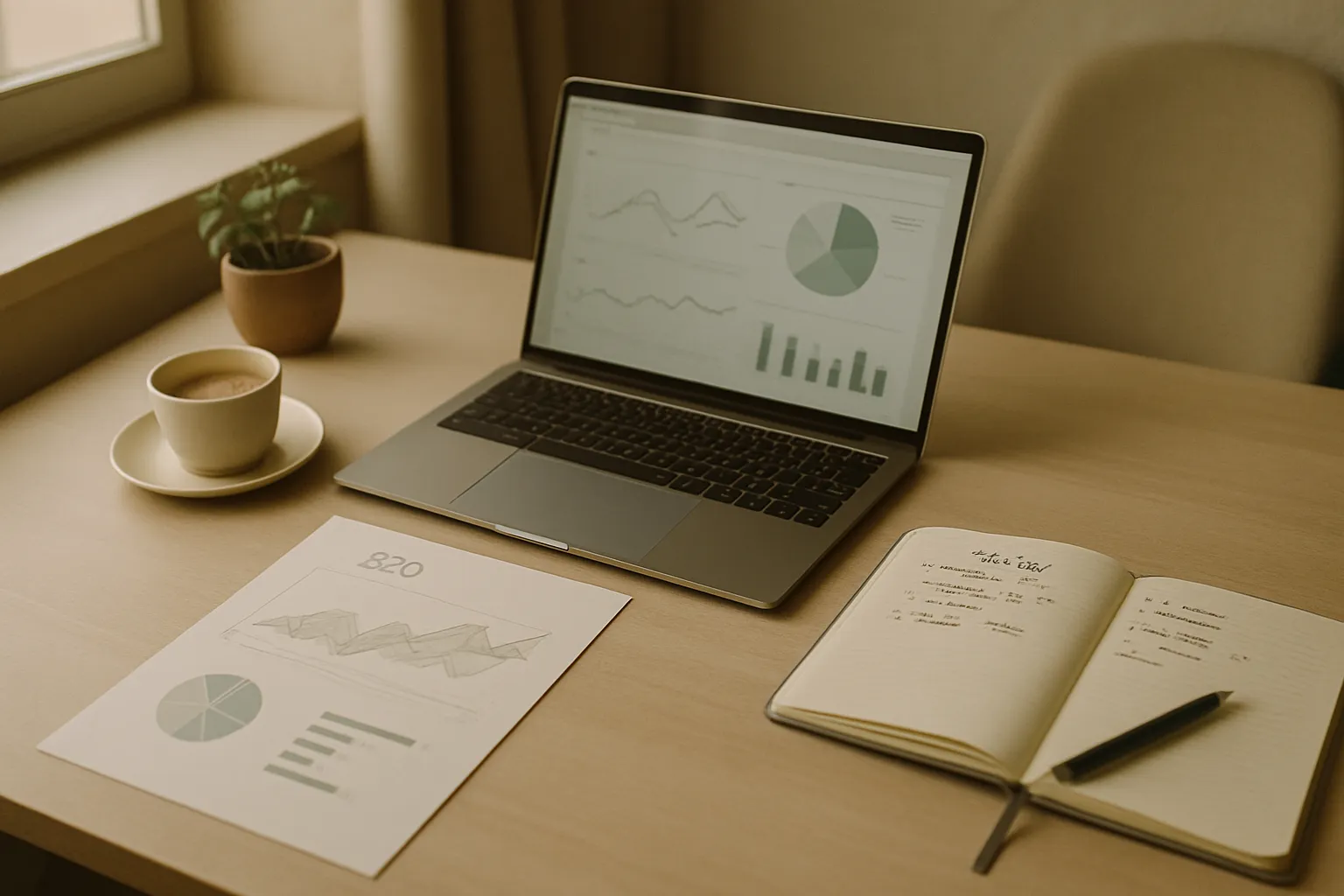 Desk with open laptop showing web consultancy charts, printed report, and strategic notes in an Italian office