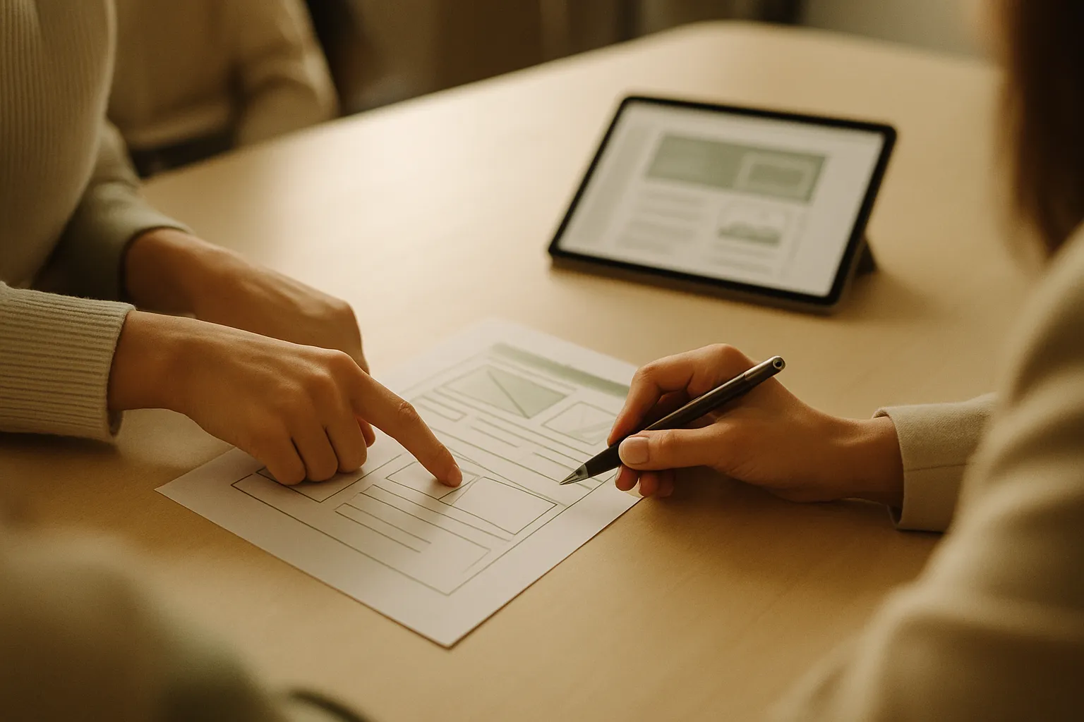 Two people analyzing a website wireframe during a professional web consulting session in an office