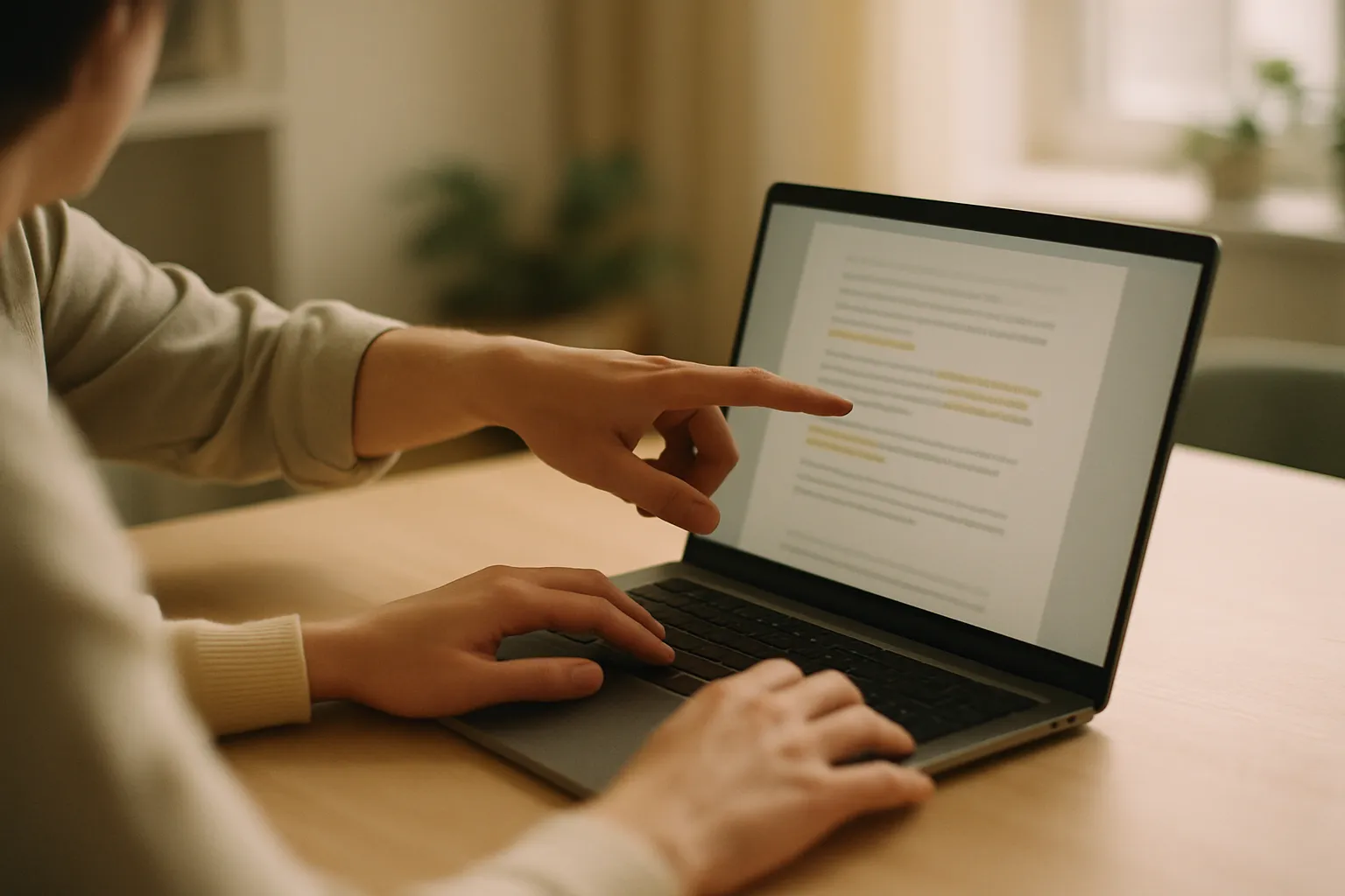 Hands reviewing a document on a laptop, quality control of AI-generated content before publication