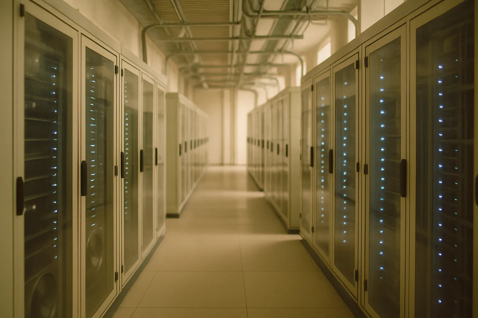 Corridor of an AI data center with illuminated server racks, energy infrastructure for artificial intelligence and cloud computing