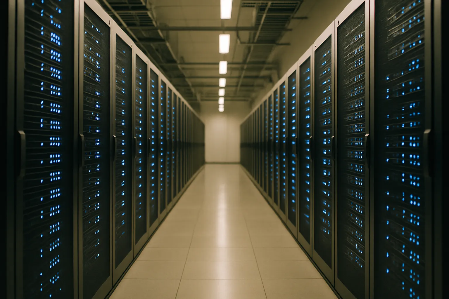 Data center corridor with blue-lit server racks: AI energy costs weigh on Italian SMEs