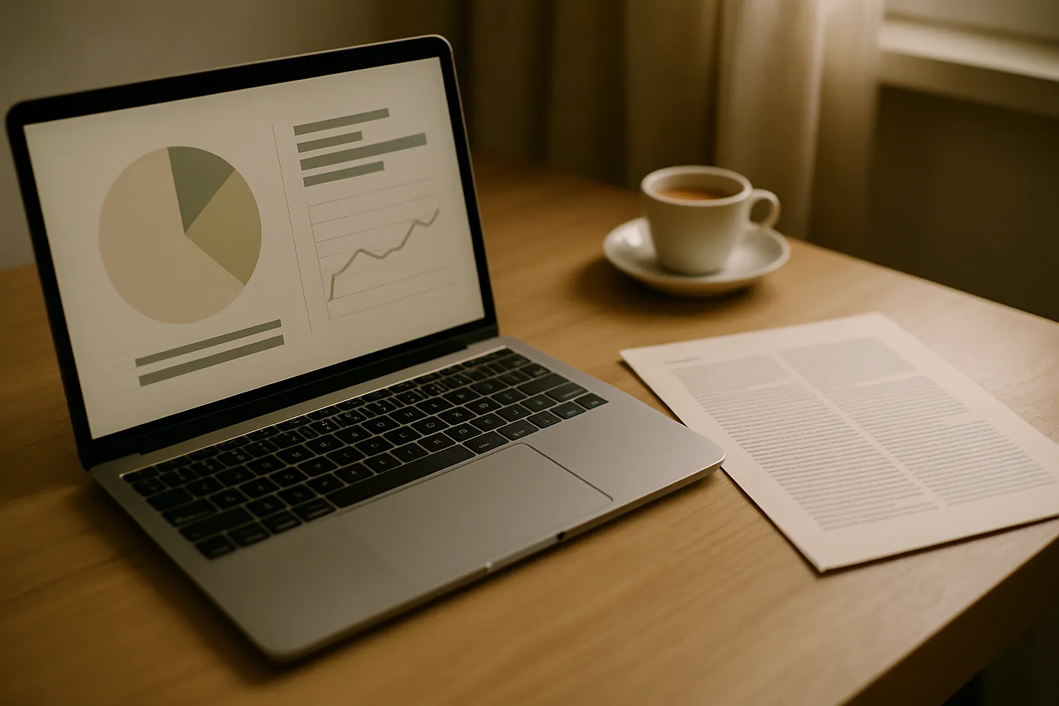 Desk with laptop and printed article on earned media and AI visibility for corporate Digital PR – SHM Studio