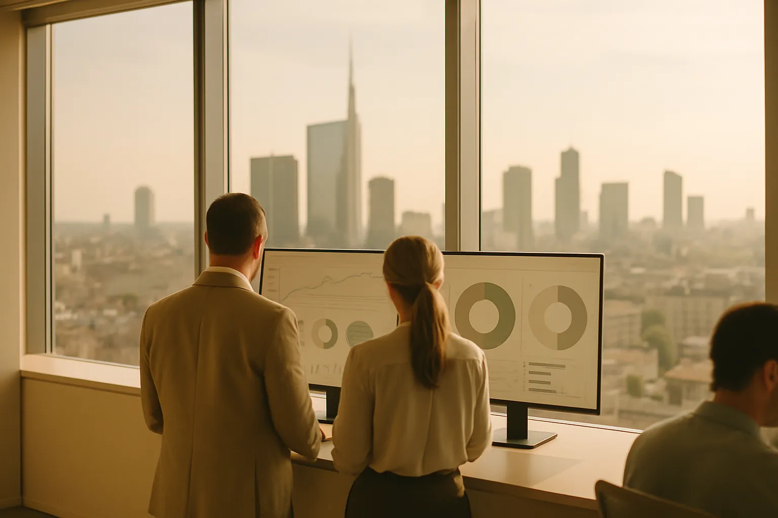 Due professionisti di spalle analizzano dati AI in un ufficio moderno a Milano, sede di esperti di tecnologia a Milano